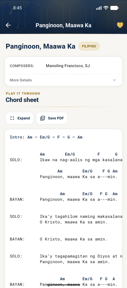 The Catholic Songbook app showing a chord sheet on a phone